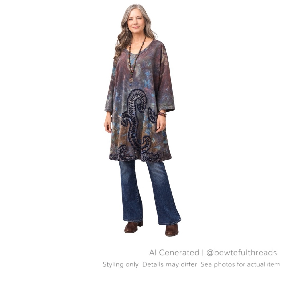 Burnout Velvet Paisley Tunic Dress Boho Artsy A-Line Purple L